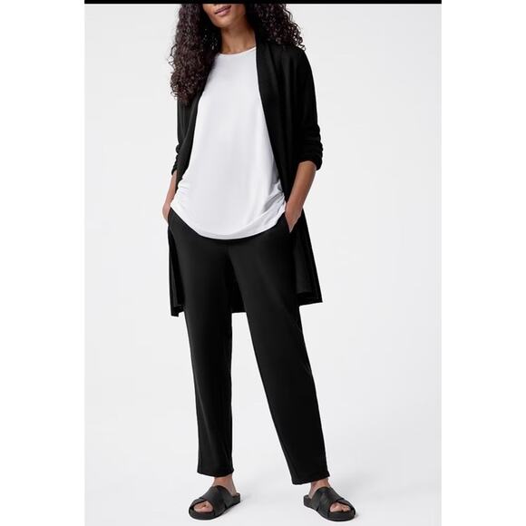 Eileen Fisher XL Open-Front Long-Line Superfine Merino Wool Knit Cardigan Black - Picture 3 of 11
